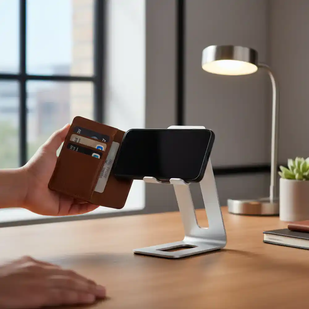 A user seamlessly switching a phone from wallet to desk mount