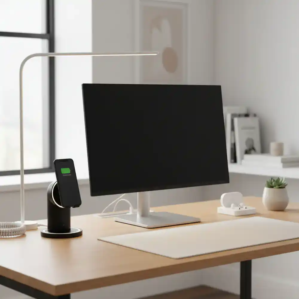 Clean desk setup featuring magnetic charging docks