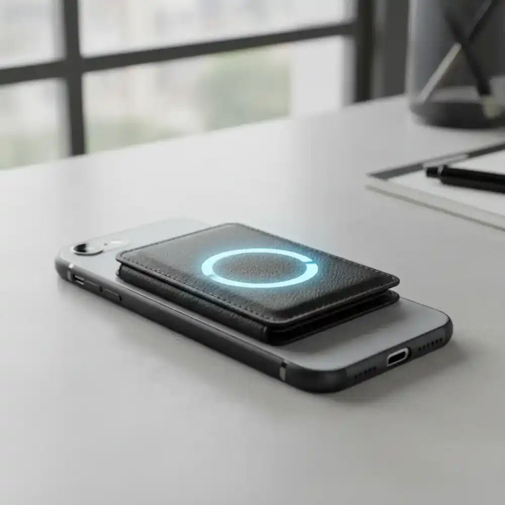 Magnetic wallet snapping onto a phone